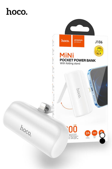 Hoco 5000mAh Mini Compact Power Bank With Lightning Connector + Kick Stand - White